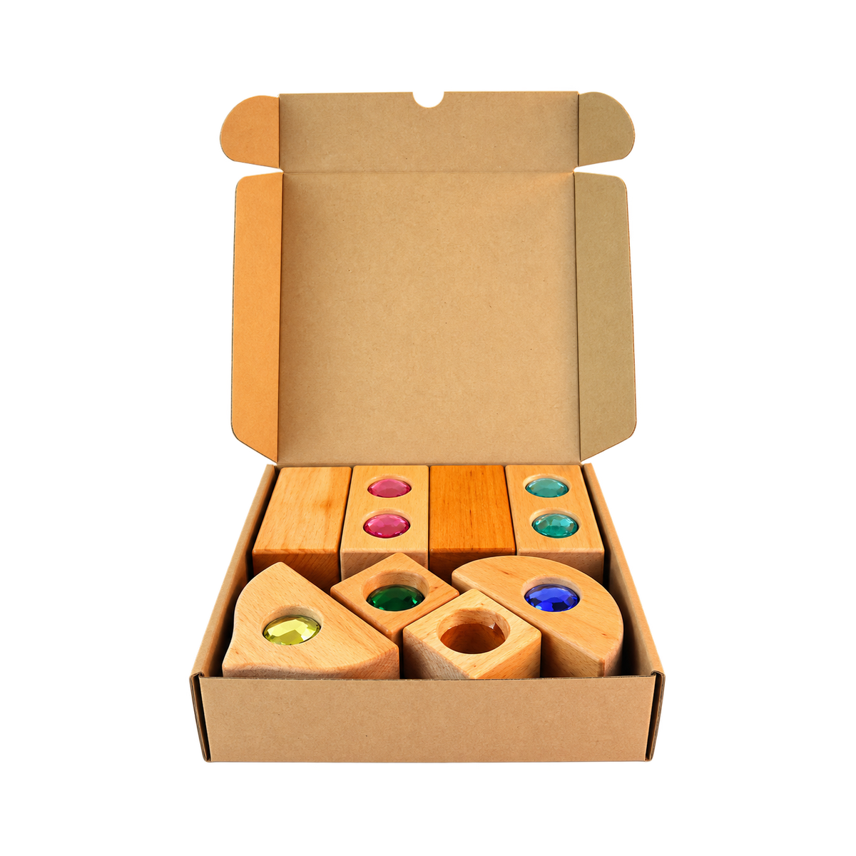 Bauspiel mini mixed box with 16 colourful wooden building blocks, including sparkling blocks, transparent window blocks and triangular roofs.