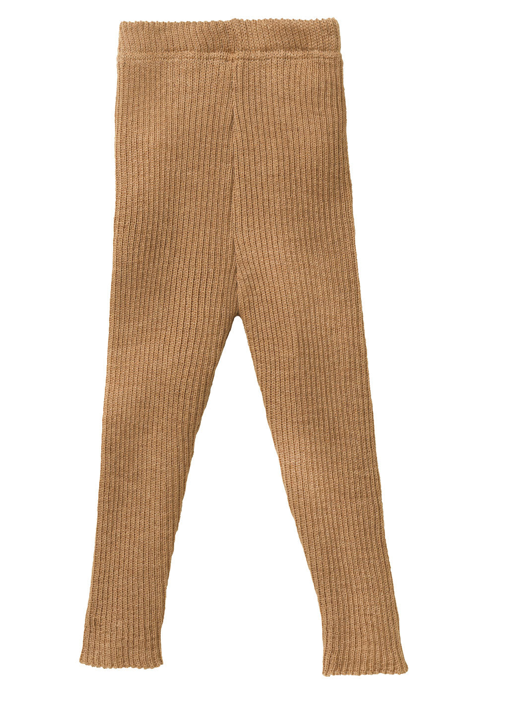 Organic merino wool knitted baby leggings in the color caramel by Disana – ribbed wool pants, thick and soft, made in Germany.