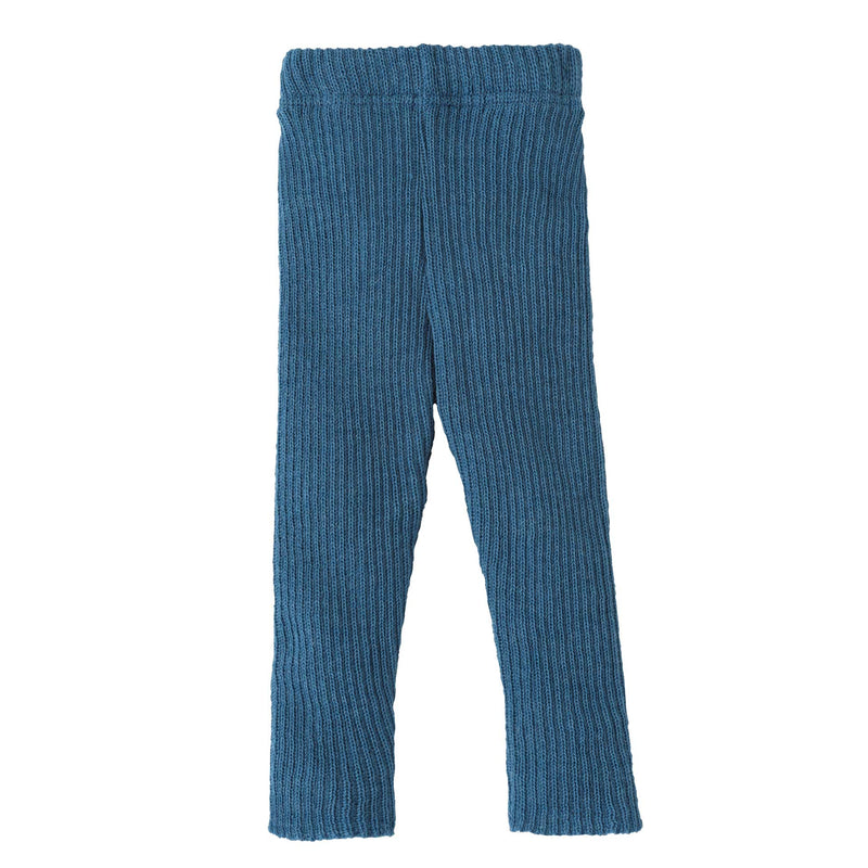 Organic merino wool knitted baby leggings by Disana – ribbed wool pants, thick and soft in the color dove blue, made in Germany.