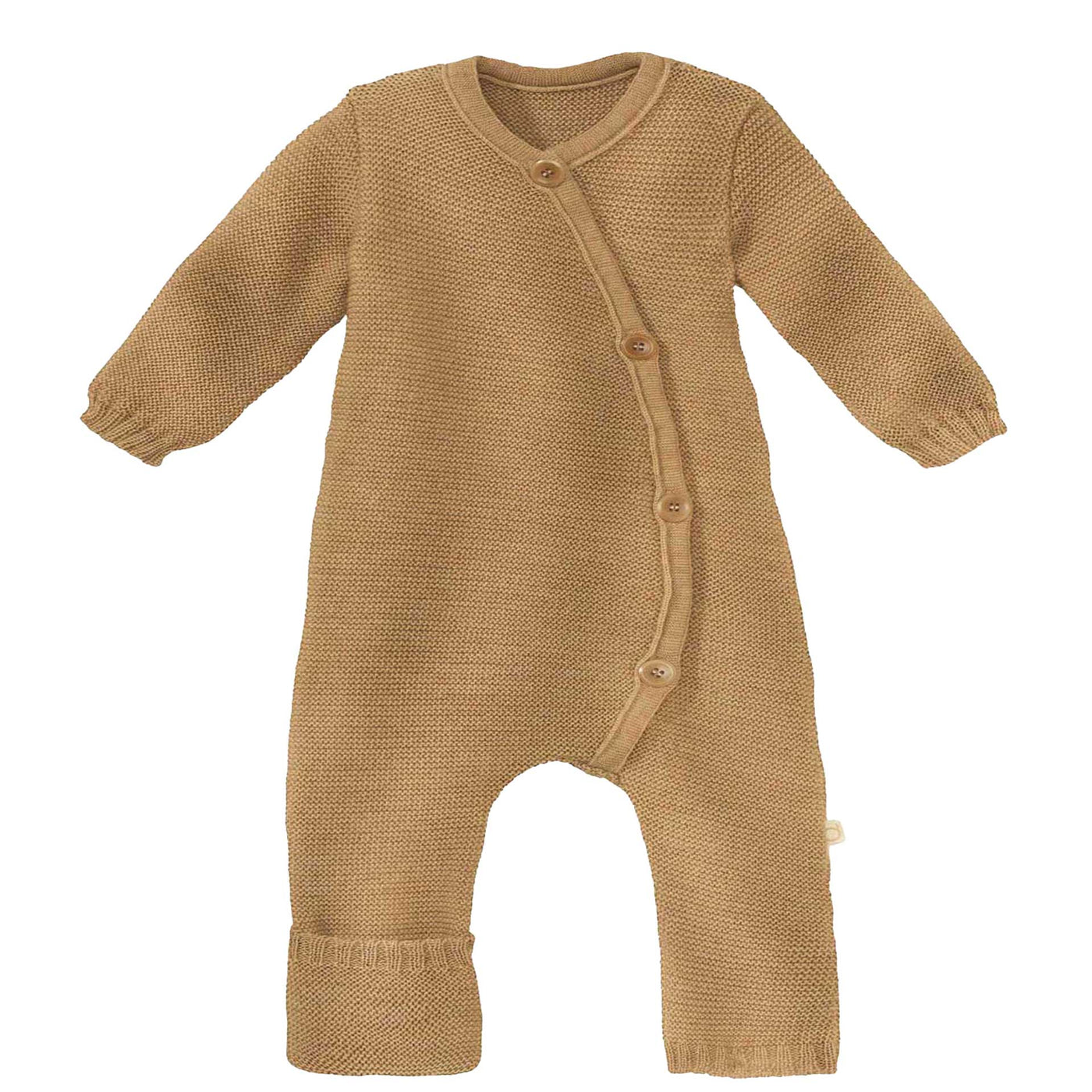 Organic merino wool knitted baby overall in caramel by Disana – soft breathable wool suit with fold-over feet, made in Germany.