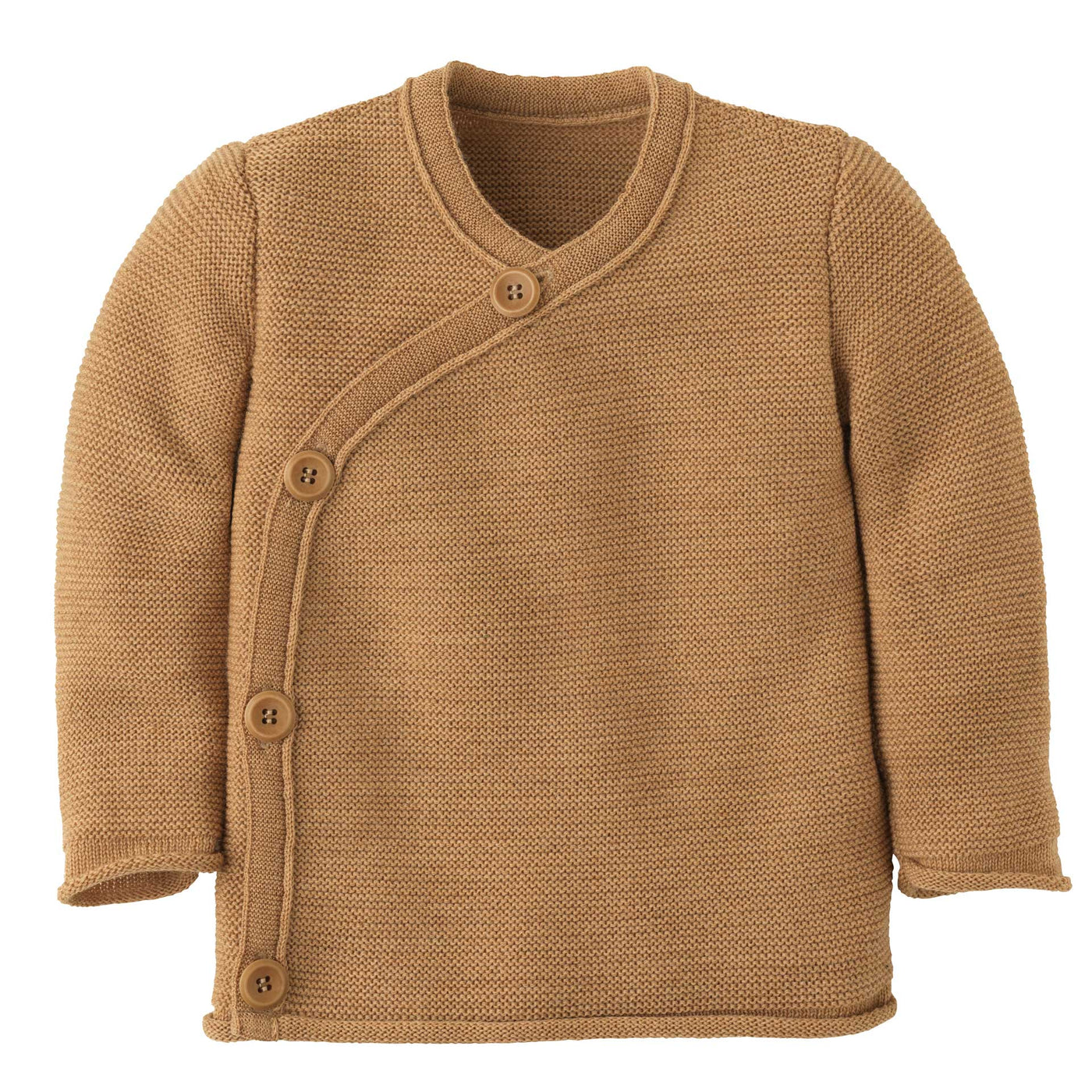 Soft organic merino wool wrap baby cardigan by Disana – natural knit baby jacket with button closure, made in Germany.