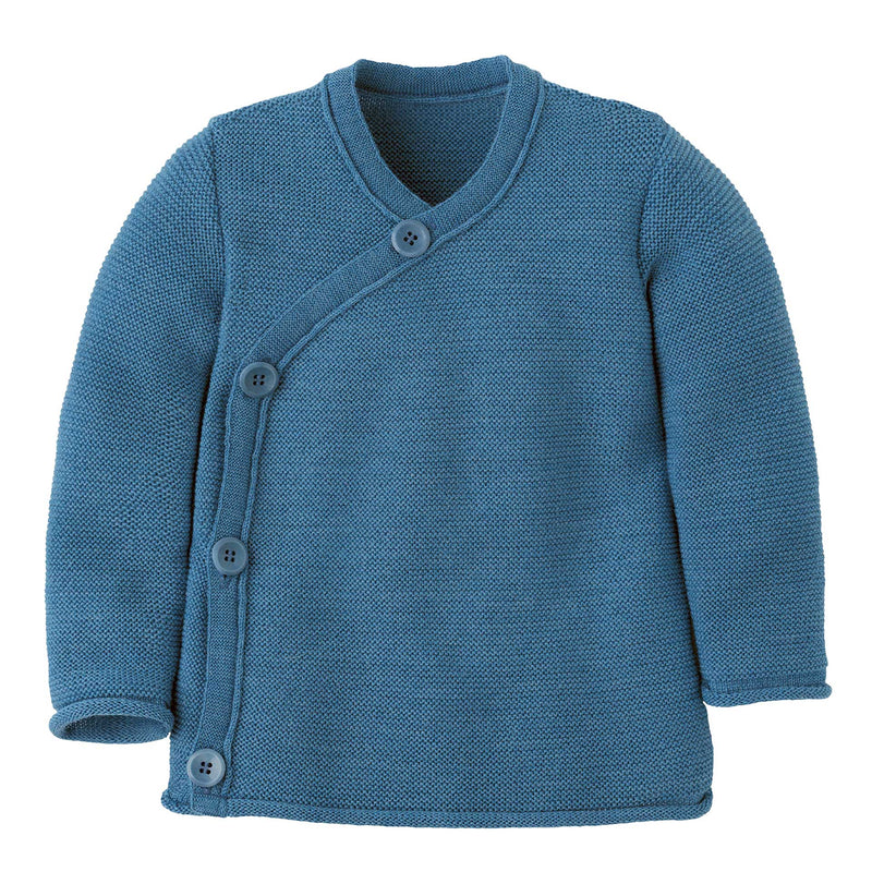Soft organic merino wool wrap baby cardigan by Disana in dove blue – natural knit baby jacket with button closure, made in Germany.