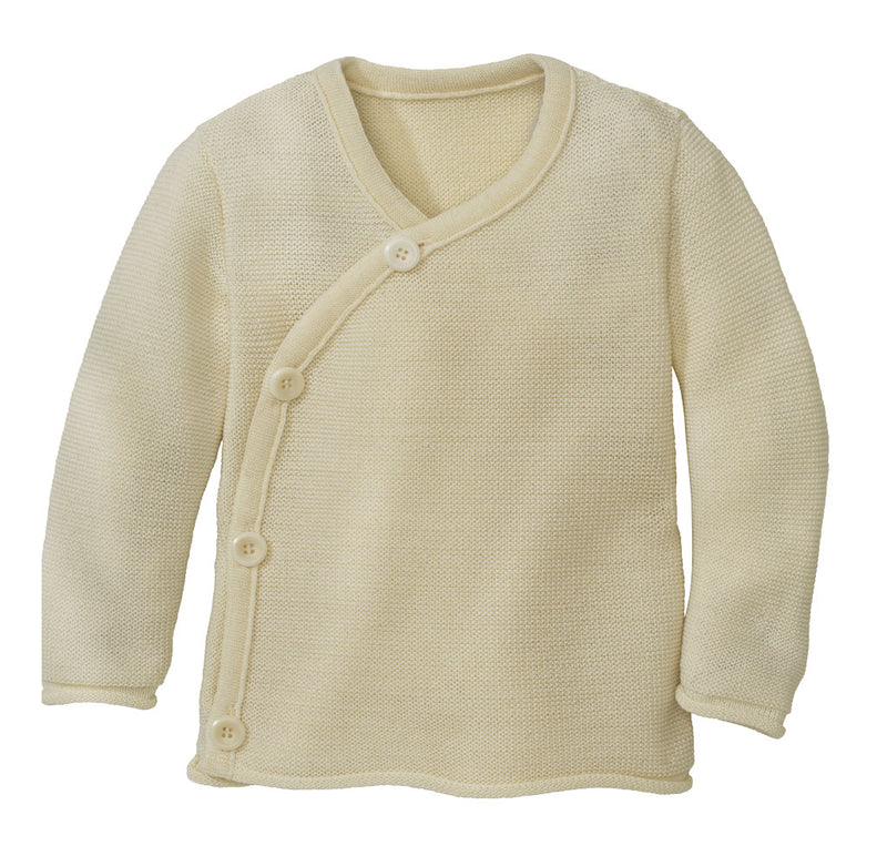 Soft organic merino wool wrap baby cardigan by Disana in color natural – knit baby jacket with button closure, made in Germany.