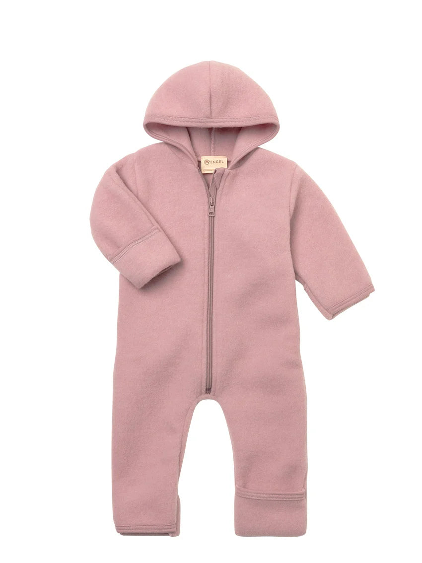 Engel Natur hooded baby overall with zipper in organic wool fleece, rosewood melange
