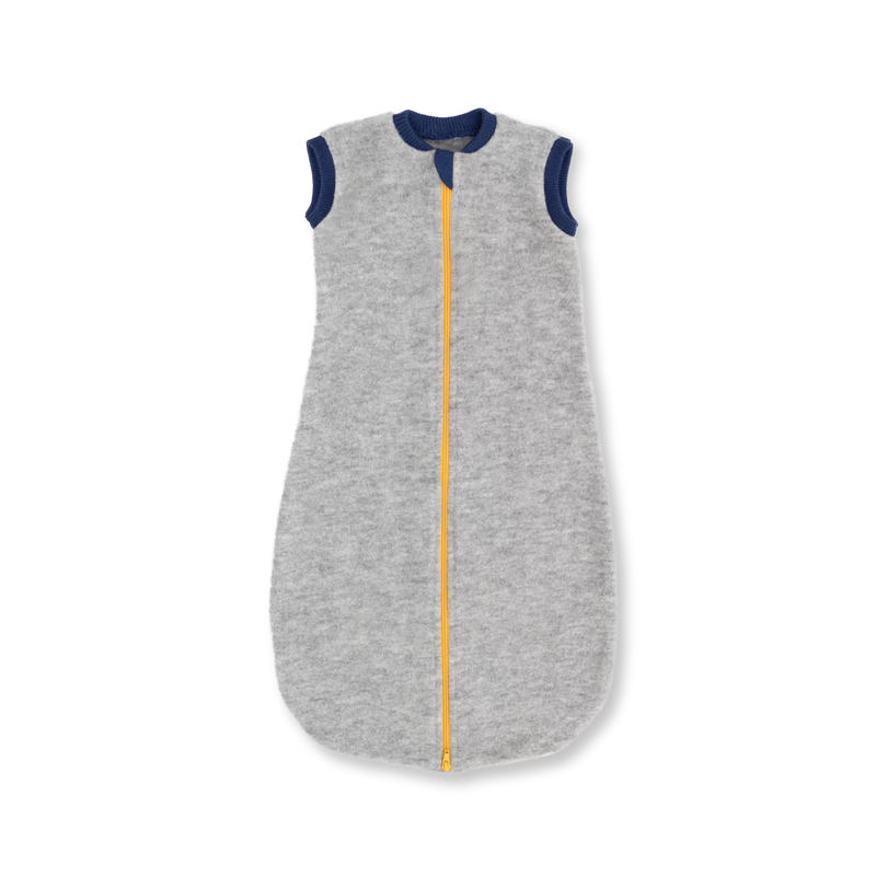 Engel Natur baby sleeping bag in grey melange wool fleece with navy trim and zipper closure