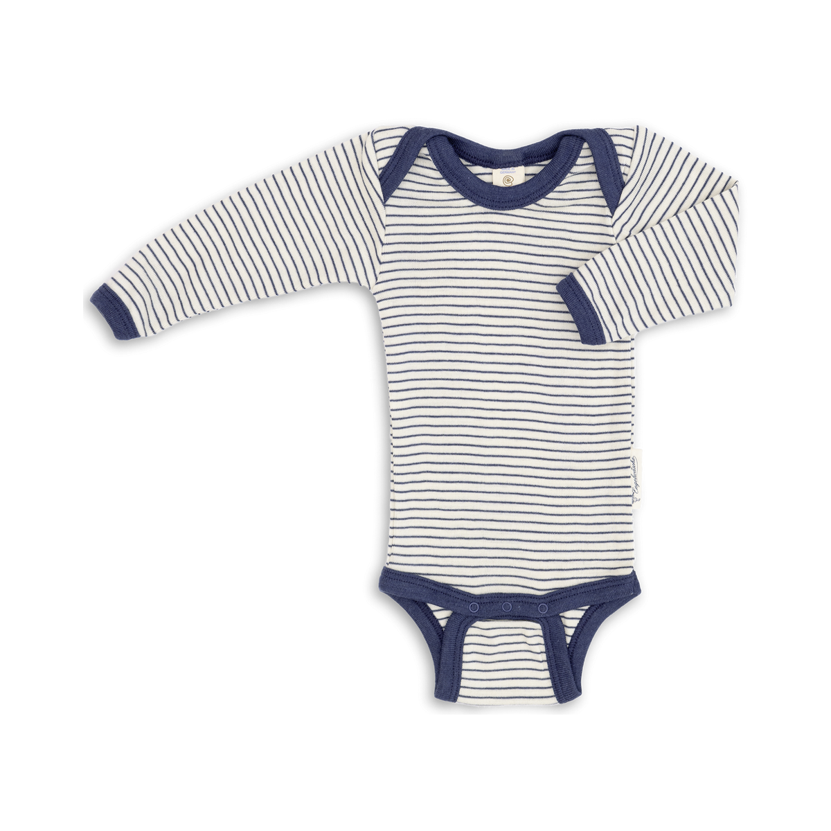 Engel Natur long sleeve baby body in organic wool and silk, natural navy blue stripe