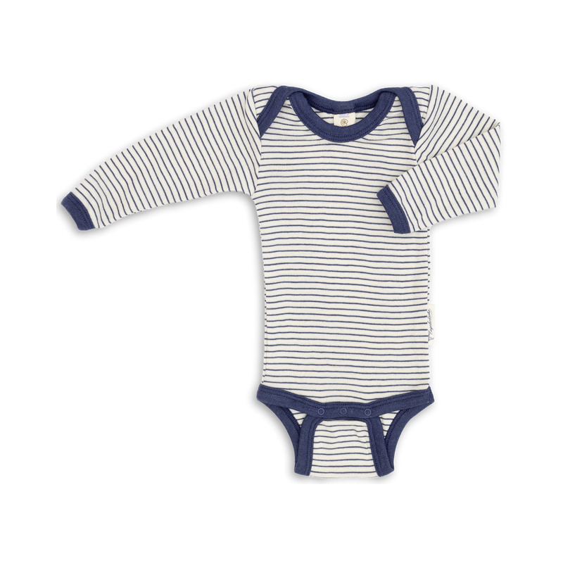 Engel Natur long sleeve baby body in organic wool and silk, natural navy blue stripe