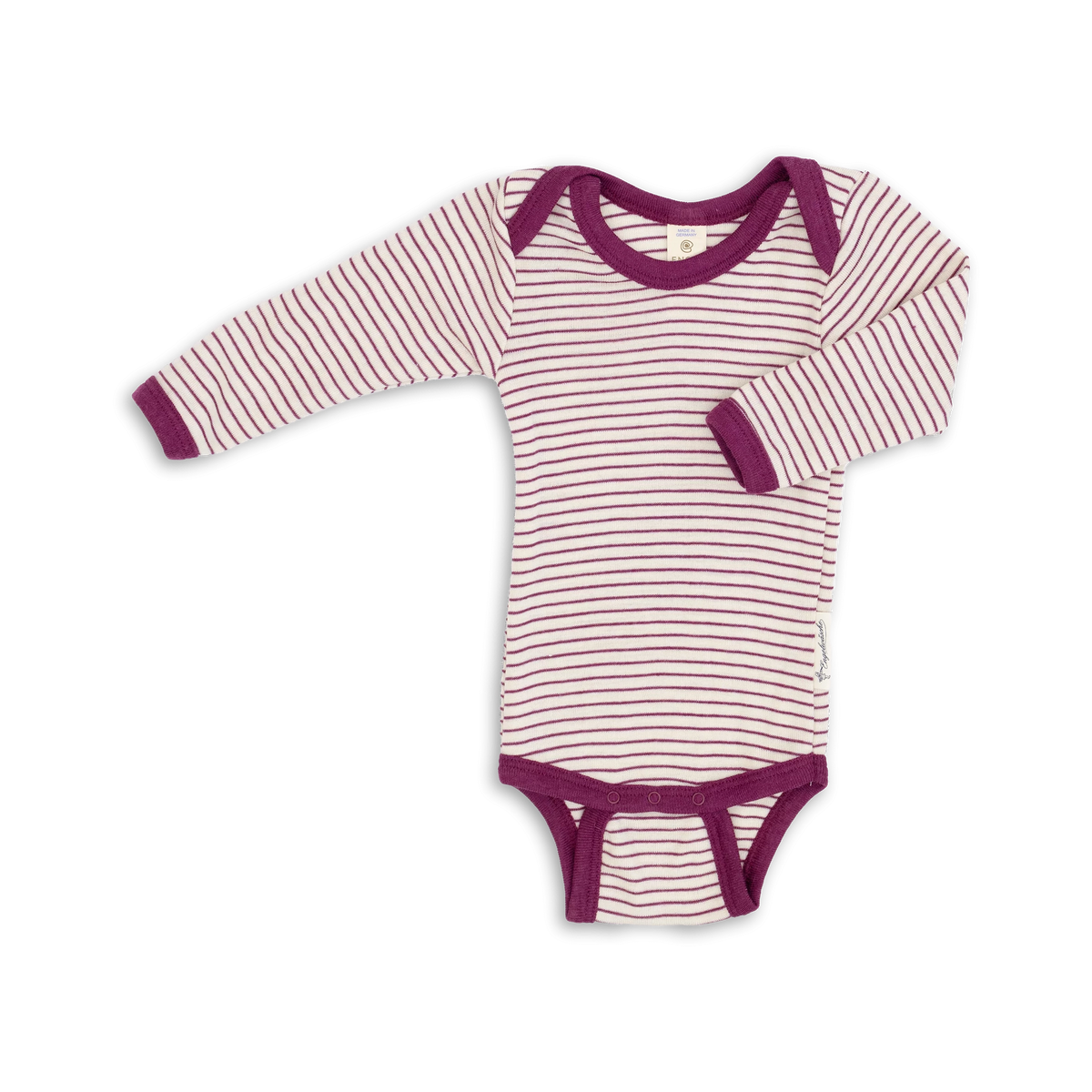 Engel Natur long sleeve baby body in organic wool and silk, natural orchid stripe