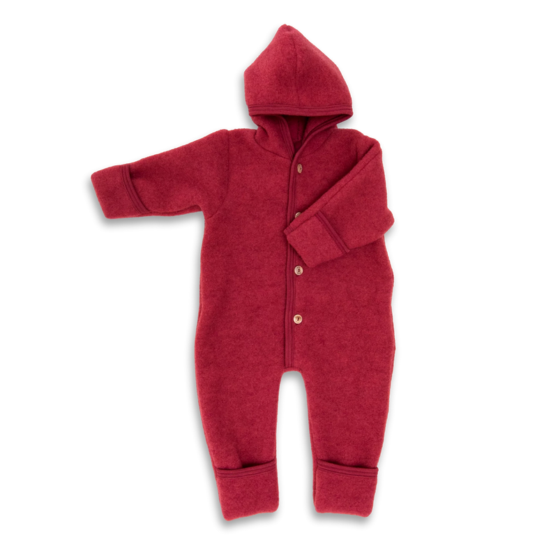 Engel Natur hooded baby overall in organic wool fleece, jasper melange colour