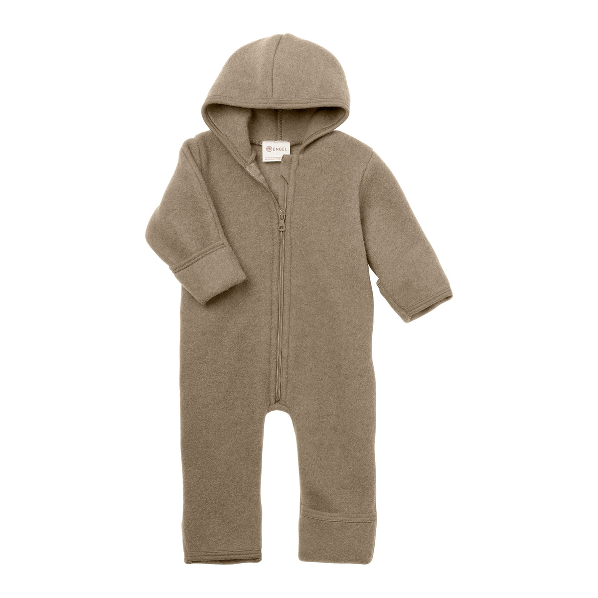 Engel Natur hooded baby overall with zipper in organic wool fleece, walnut melange