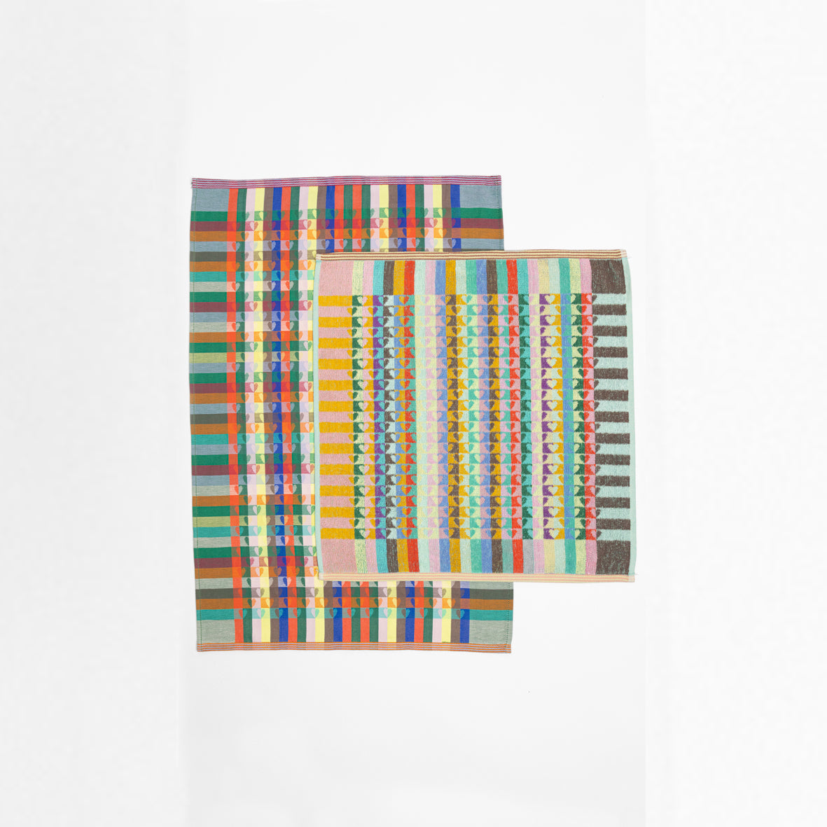 Foekje Fleur Odds & Ends kitchen textile set with 1 tea towel and 1 kitchen towel, made from leftover dyed yarns, sustainable cotton towels with vibrant multicolor design, eco-friendly home textiles made in Portugal