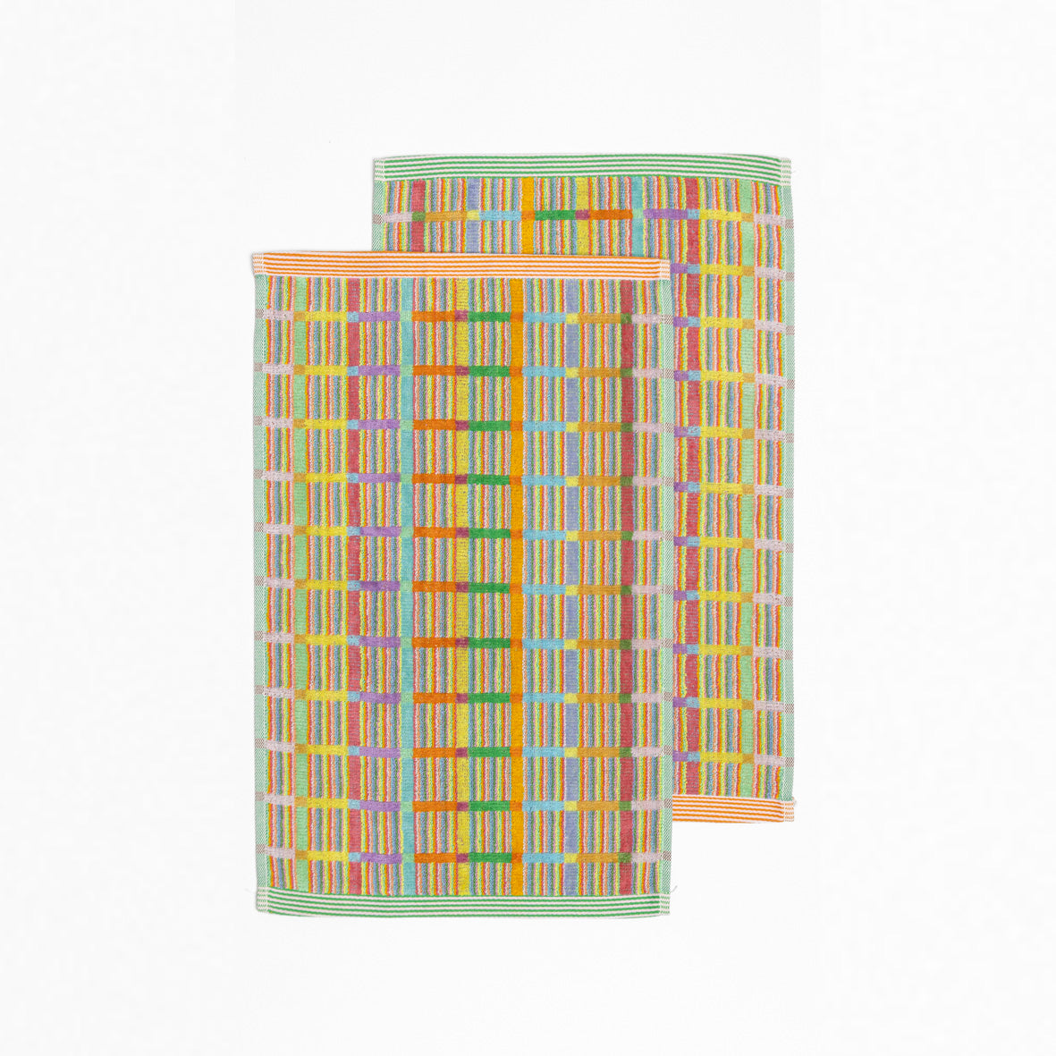 Set of two colorful Foekje Fleur guest towels #70 Criss Cross, made in Portugal from 100% cotton industry leftovers with soft velour finish