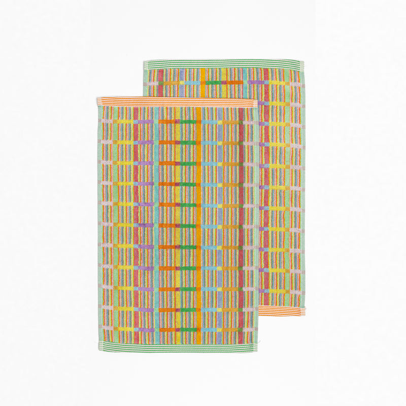 Set of two colorful Foekje Fleur guest towels #70 Criss Cross, made in Portugal from 100% cotton industry leftovers with soft velour finish