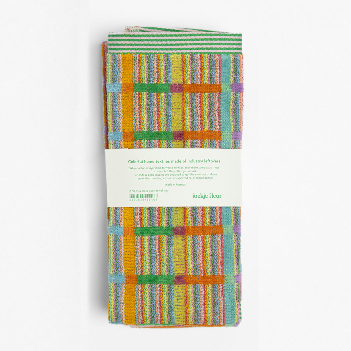 Set of two colorful Foekje Fleur guest towels #70 Criss Cross, made in Portugal from 100% cotton industry leftovers with soft velour finish