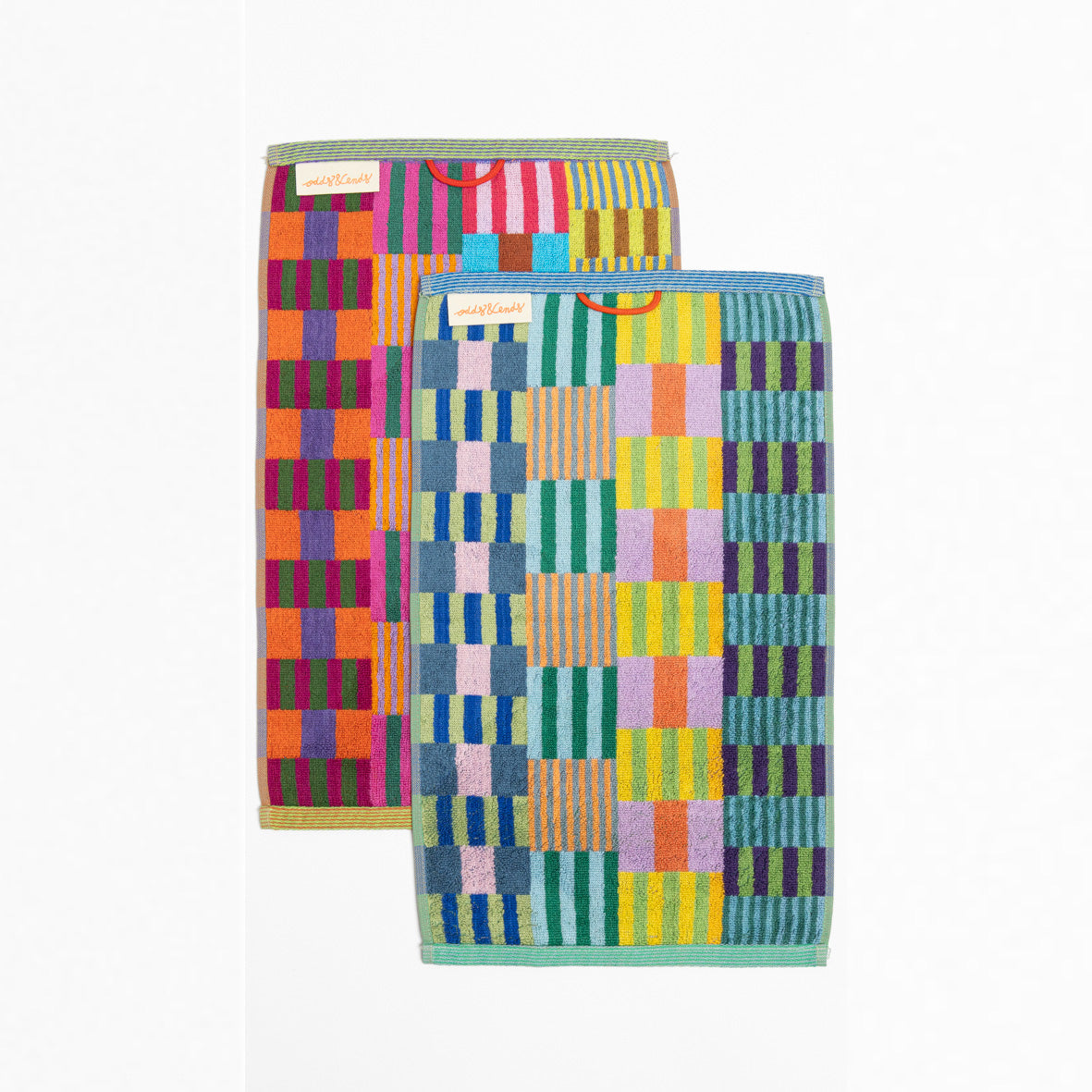 Set of two colorful Foekje Fleur guest towels #75 Tulip Quilt, made in Portugal from 100% cotton industry leftovers with soft velour finish.