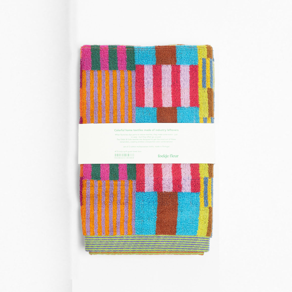 Set of two colorful Foekje Fleur guest towels #75 Tulip Quilt, made in Portugal from 100% cotton industry leftovers with soft velour finish.