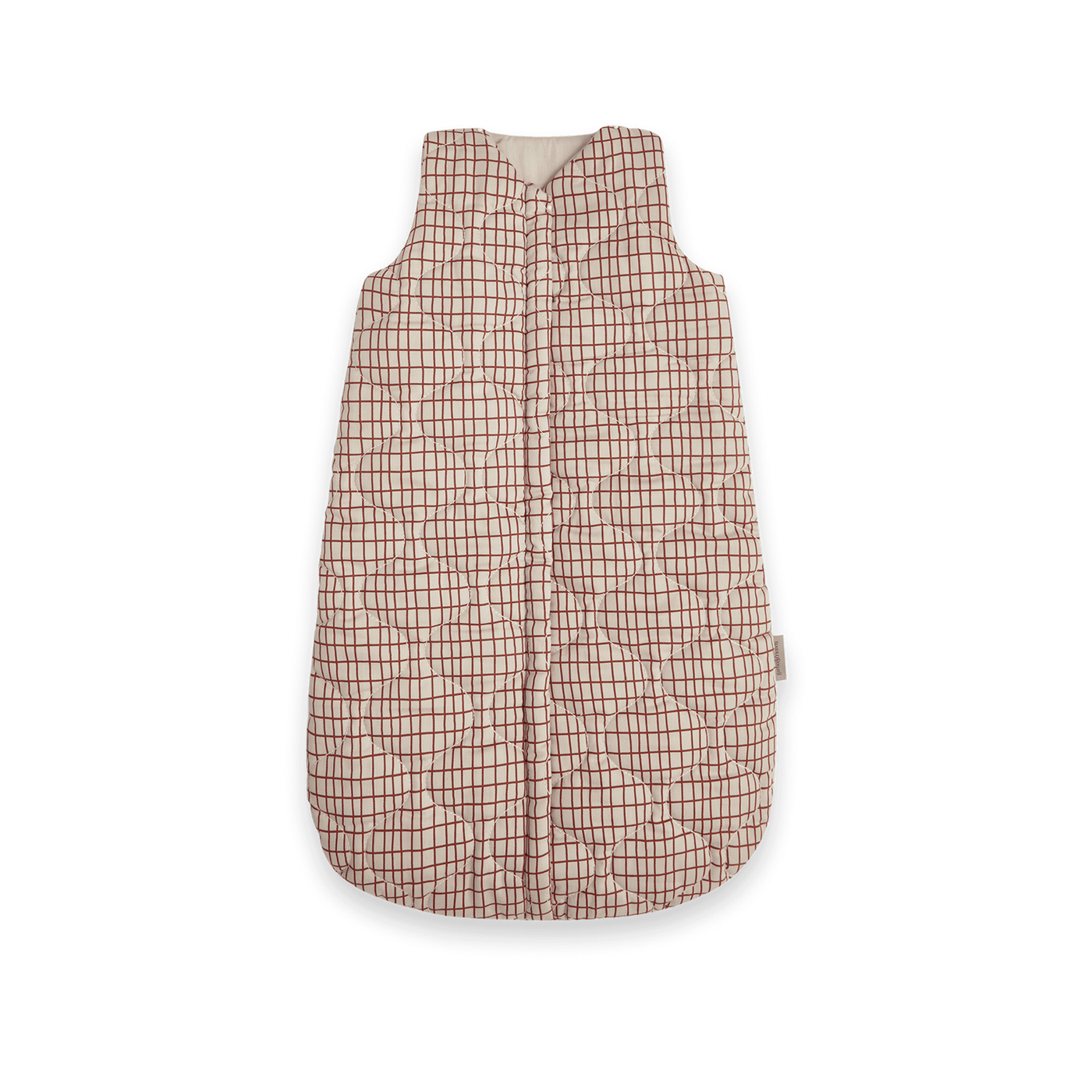 Garbo and Friends satin quilted sleeping bag in check print for babies aged 6-18 months, featuring a hidden front zipper and 2.5 TOG thermal resistance for year-round comfort