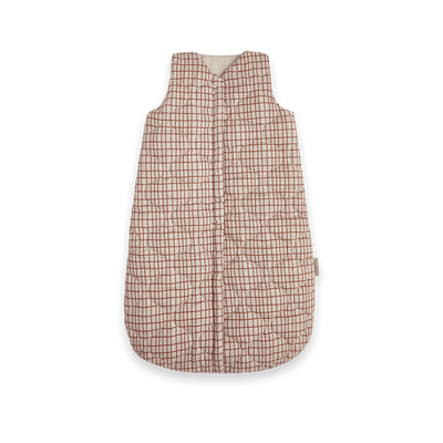 Garbo and Friends satin quilted sleeping bag in check print for babies aged 6-18 months, featuring a hidden front zipper and 2.5 TOG thermal resistance for year-round comfort