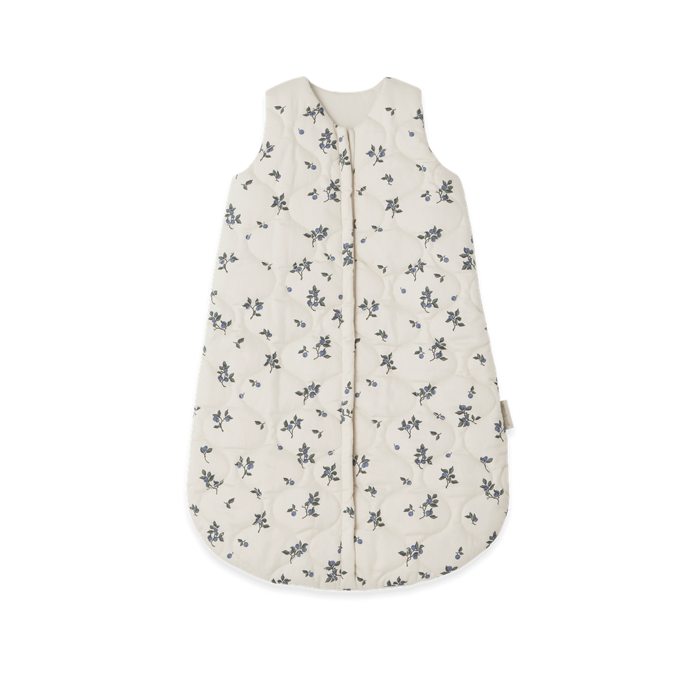 Garbo and Friends satin quilted sleeping bag in blueberry print for babies featuring a hidden front zipper and 2.5 TOG thermal resistance for year-round comfort.