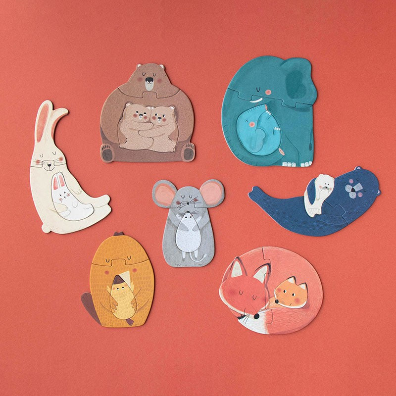 Set of seven “Give Me a Hug” animal puzzles, each with baby animals matching with mothers, for kids ages 2+ – durable and child-safe