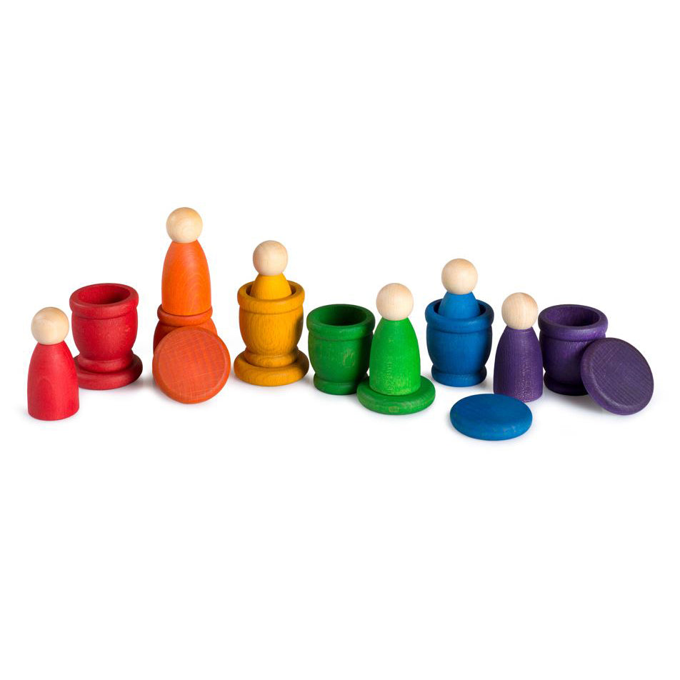 Grapat Nins, Mates & Coins play set with 6 Nins, 6 Mates, and 6 coins in rainbow colors, eco-friendly wooden toys for toddlers ages 12 months+