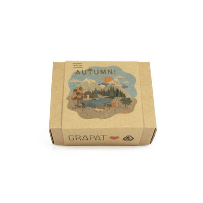 Grapat Hello Autumn! Limited Edition set with 5 autumn-inspired wooden pieces, including mushroom mandalas, a Nin, a press with papers, and a miniature hedgehog.