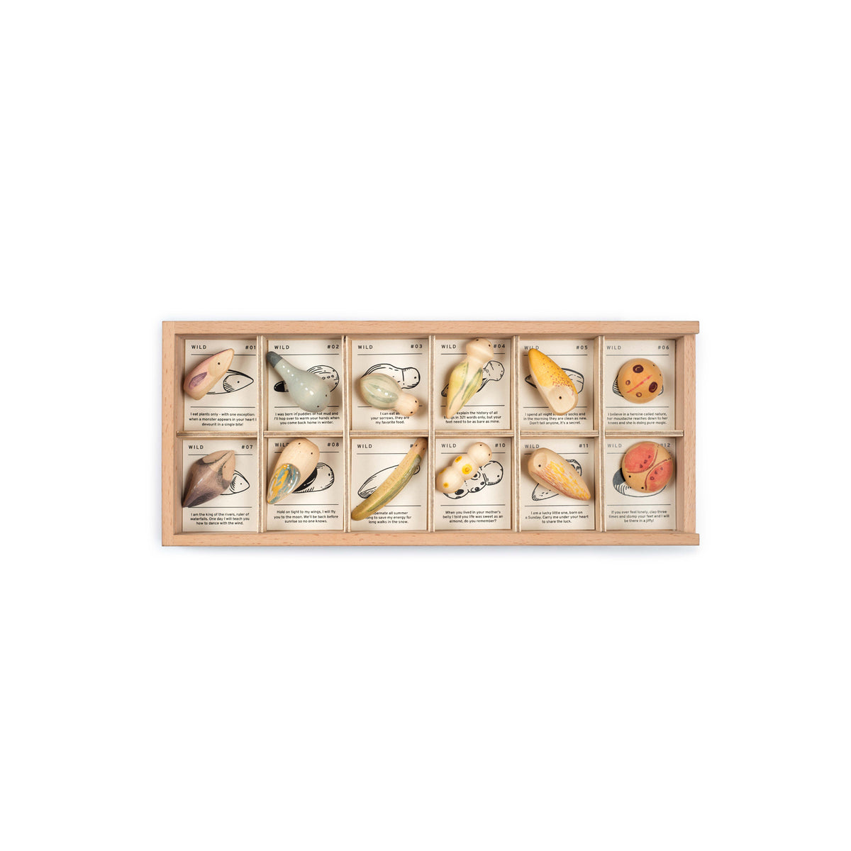 Grapat Wild Creatures Collection with 12 unique wooden figures, story cards, and sorting tray – eco-friendly, imaginative play set for kids ages 3+