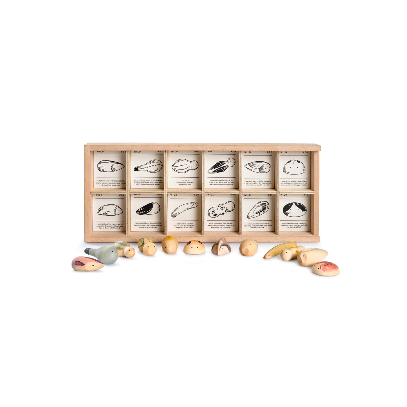 Grapat Wild Creatures Collection with 12 unique wooden figures, story cards, and sorting tray – eco-friendly, imaginative play set for kids ages 3+