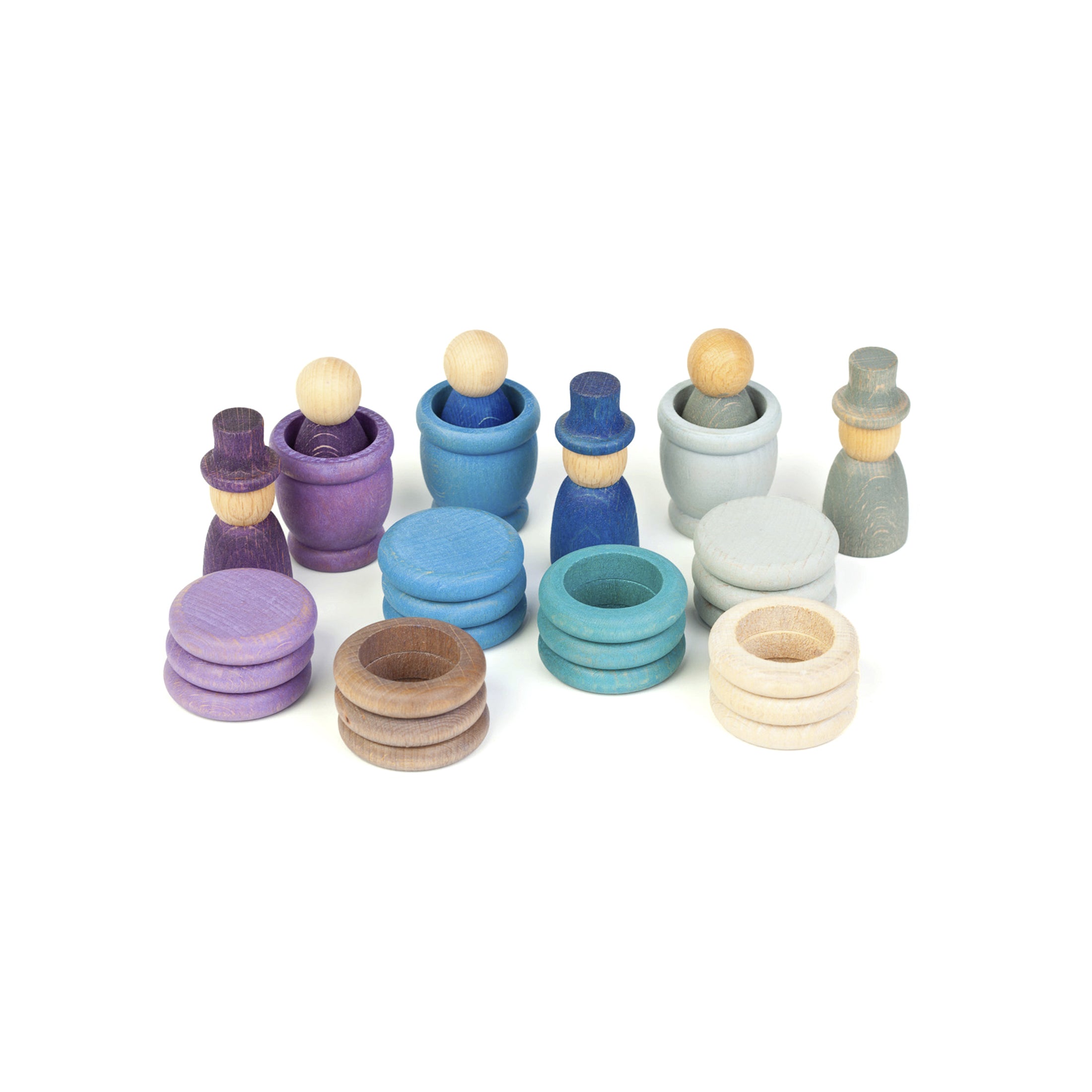 Handcrafted wooden Grapat Aguamarina Winter play set featuring Nins, rings, coins, and mates in cool winter tones.