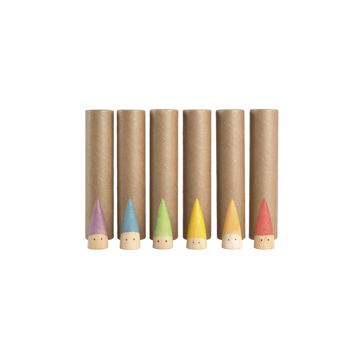 Grapat Baby Sticks set with 6 miniature wooden figures in soft colours and 6 cardboard tubes for imaginative play