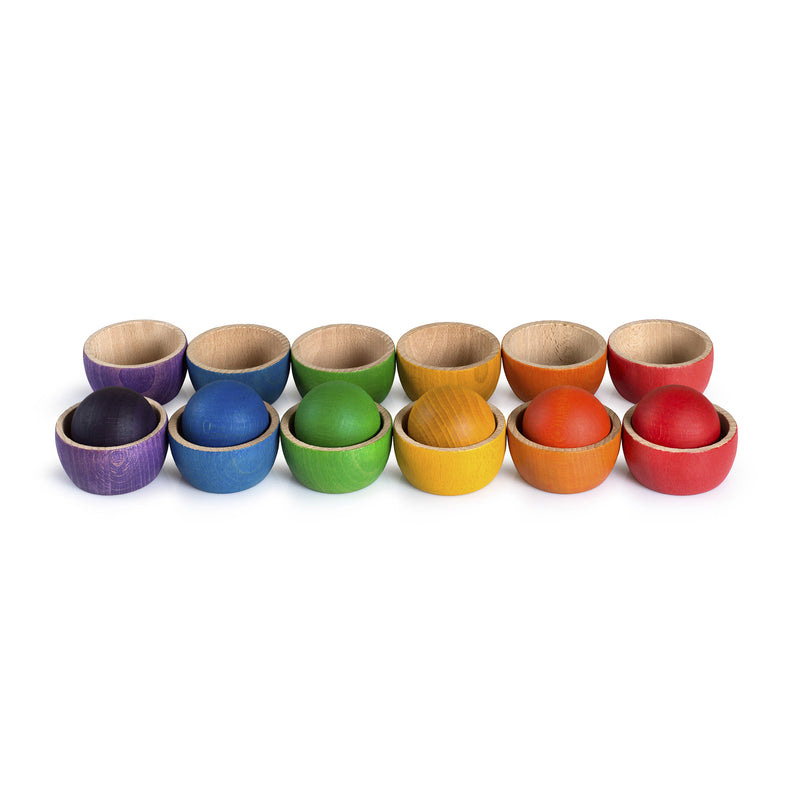 Grapat Bowls & Balls wooden toy set with 12 rainbow bowls and 6 balls for open-ended play
