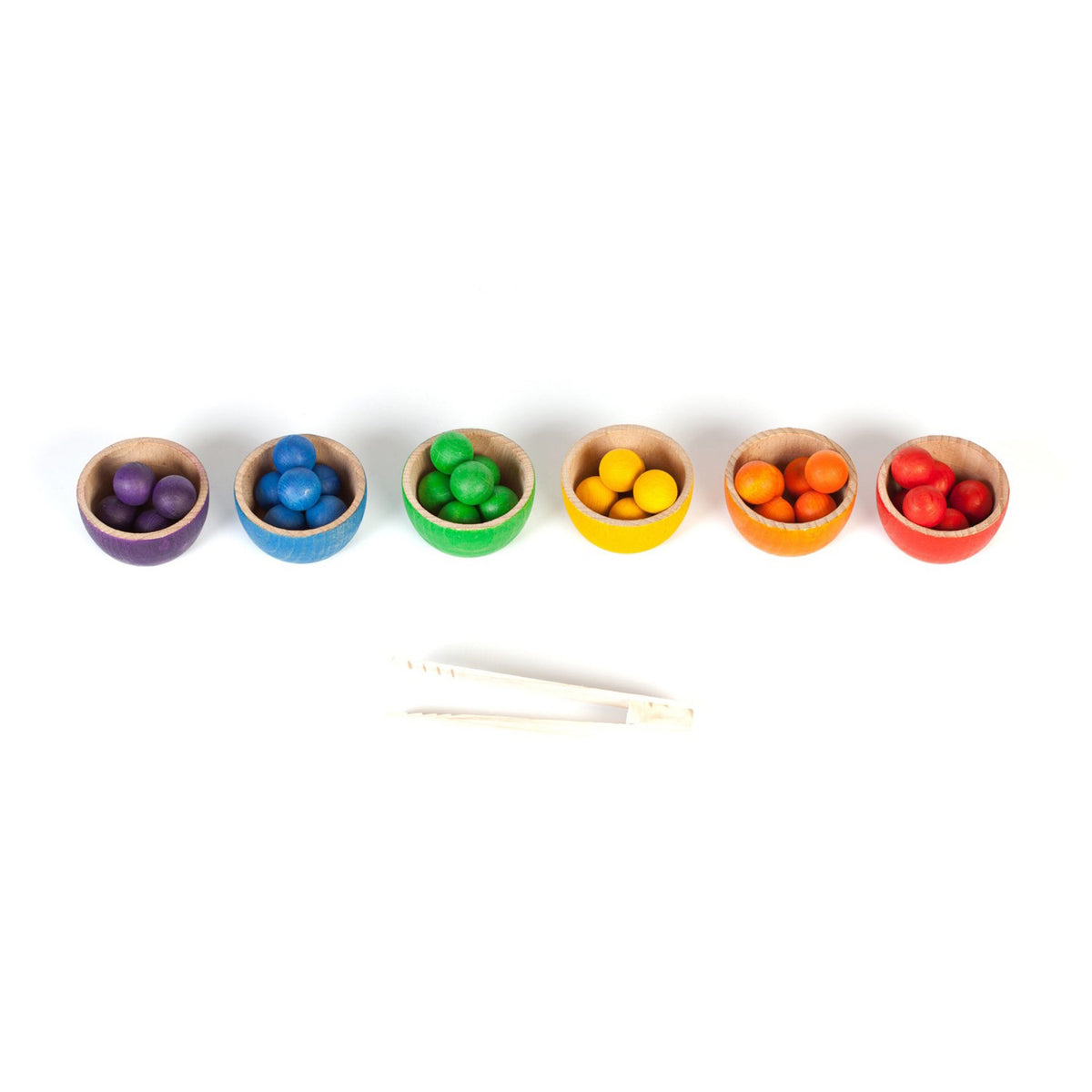 Grapat Bowls and Marbles set with wooden bowls, colourful marbles and tweezers for fine motor play