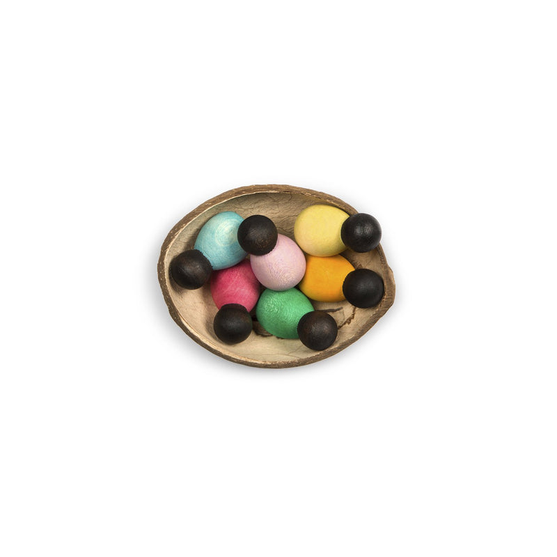 Handcrafted wooden Grapat Dark Baby Nins with coconut shell, open-ended toy set celebrating diversity and imagination.
