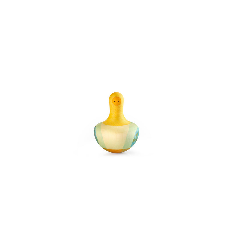 A bright yellow wooden bird from Grapat’s Flowing Birds collection, handcrafted with colorful wings, designed for toddlers to roll, spin, and play