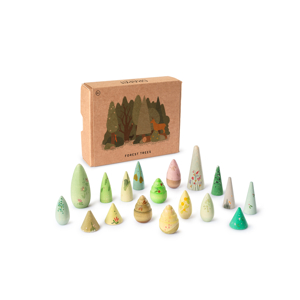 Grapat Forest Trees set with 18 hand-painted wooden trees in natural earthy tones for open-ended play