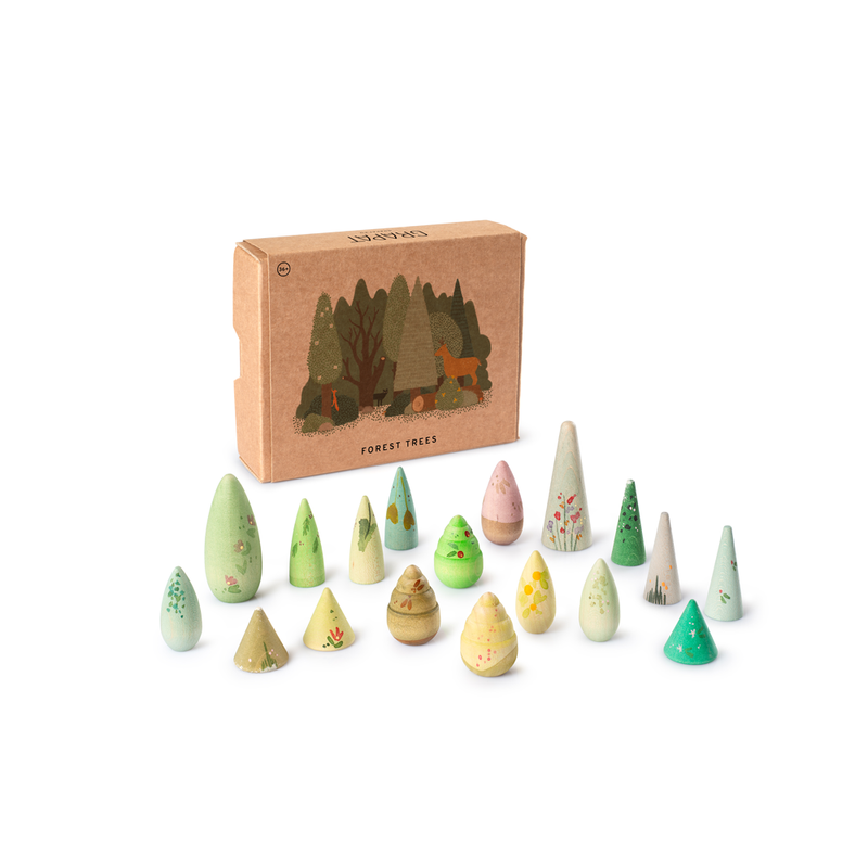 Grapat Forest Trees set with 18 hand-painted wooden trees in natural earthy tones for open-ended play
