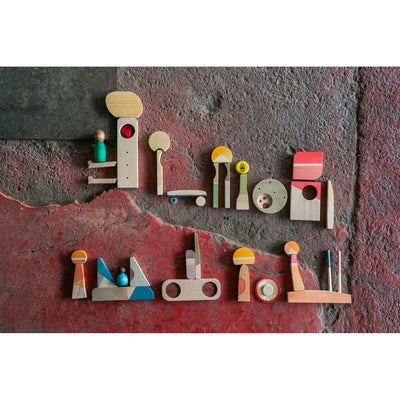 Grapat Happy Place set with 40 colorful wooden pieces, including stairways, railings, and shapes for open-ended building, storytelling, and imaginative play.