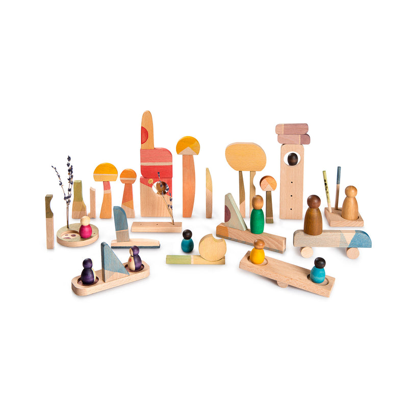 Grapat Happy Place set with 40 colorful wooden pieces, including stairways, railings, and shapes for open-ended building, storytelling, and imaginative play.