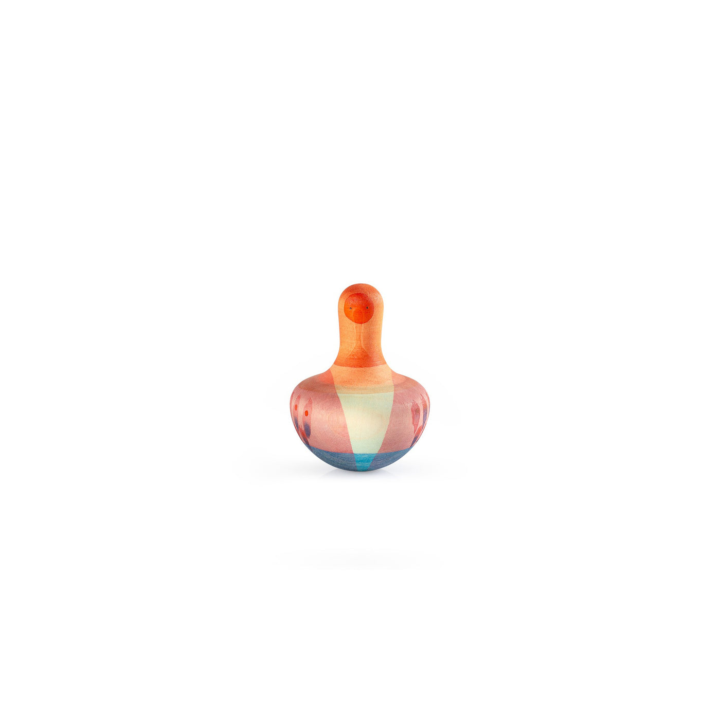A vibrant orange wooden bird from Grapat’s Flowing Birds collection, handcrafted with colorful wings, designed for toddlers to roll, spin, and play.