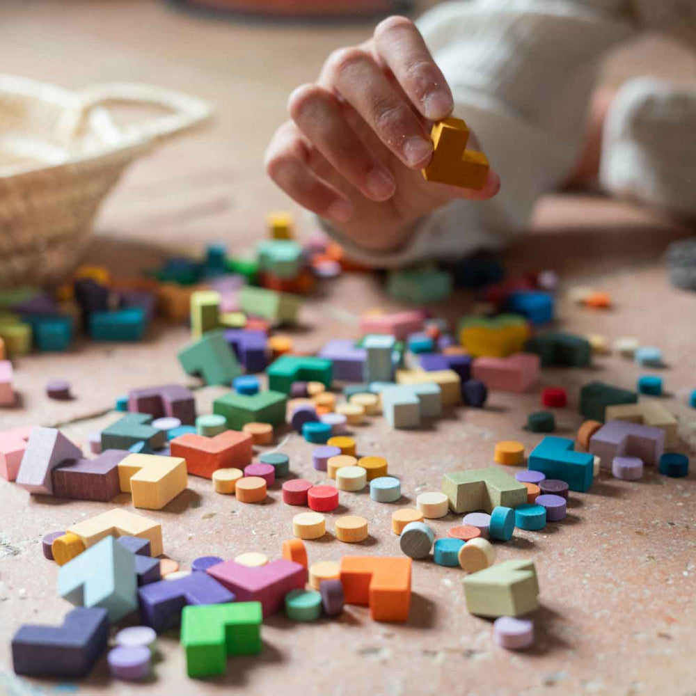 Handcrafted wooden Grapat Mis Match and Bloom play set with 400 colourful pieces in two shapes, perfect for open-ended and creative play.