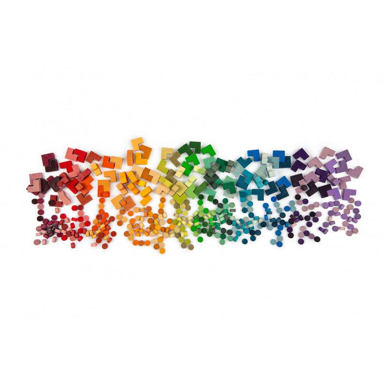 Handcrafted wooden Grapat Mis Match and Bloom play set with 400 colourful pieces in two shapes, perfect for open-ended and creative play.