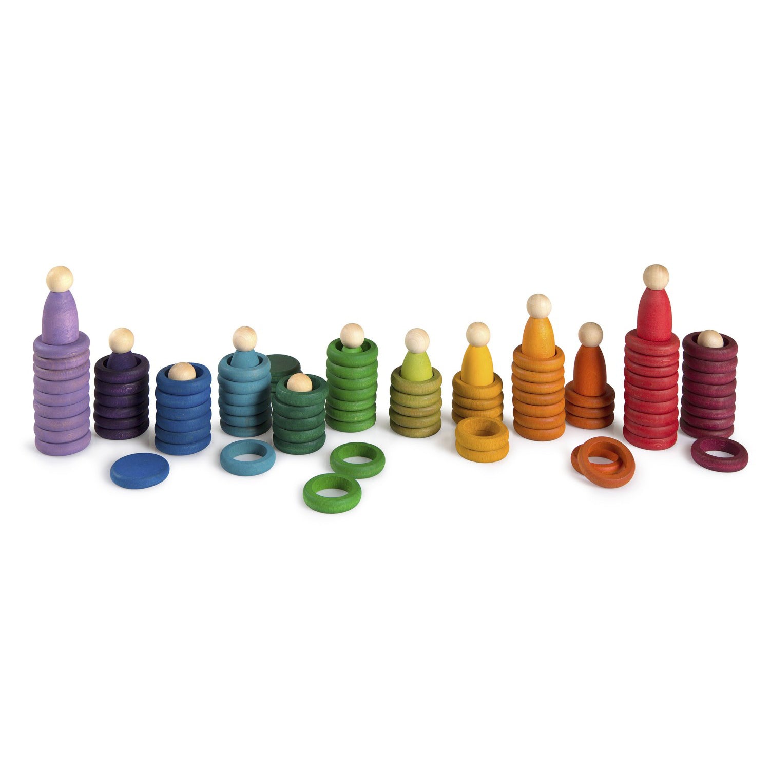 Grapat Nins Carla set with wooden figures, rings and coins in rainbow colours for open-ended play