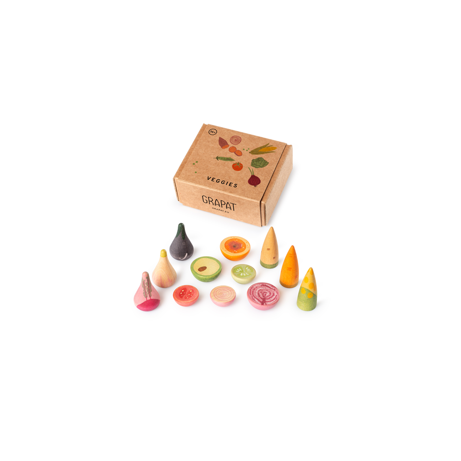 Grapat Veggies set with colourful hand-painted wooden vegetable pieces for open-ended play
