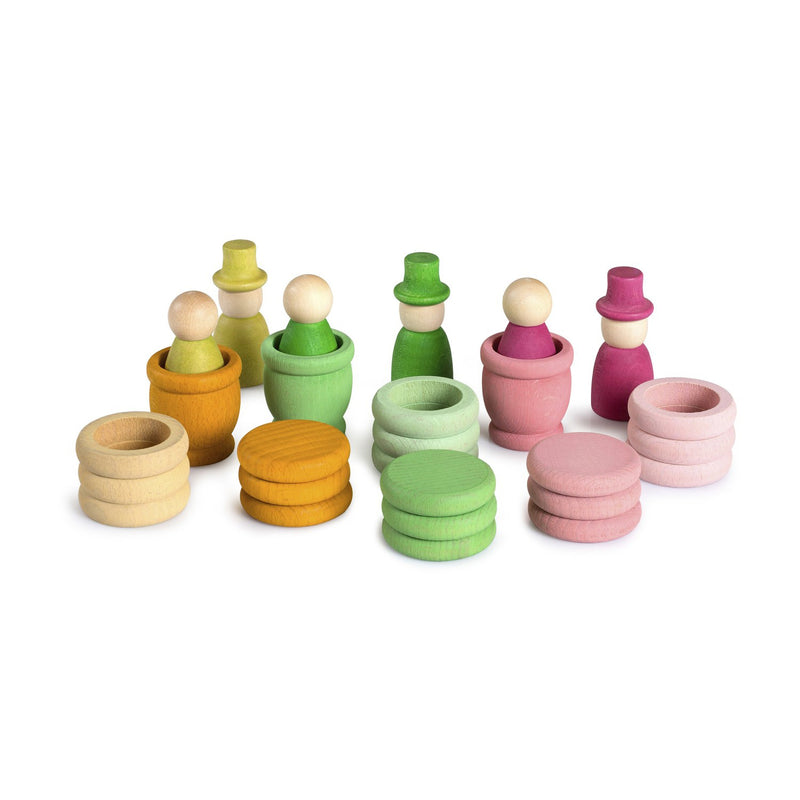 Grapat Aguamarina Spring set with wooden Nins, rings and coins in soft spring colours for open-ended play