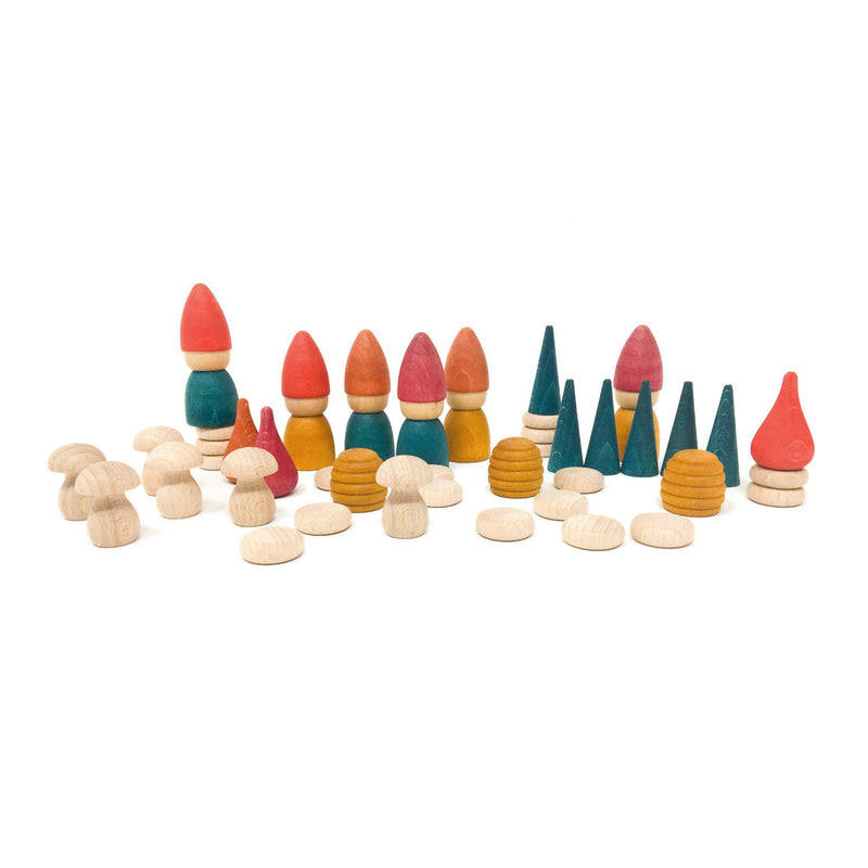 Grapat Nins Tomten wooden play set with Nins, coins, cones, mushrooms and small world pieces