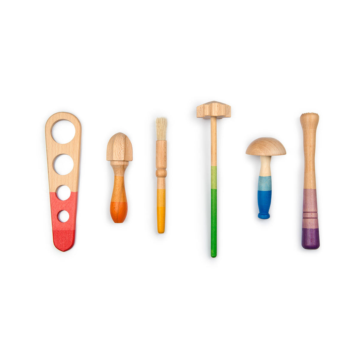 Grapat Tools set with six wooden sensory play tools in rainbow colours