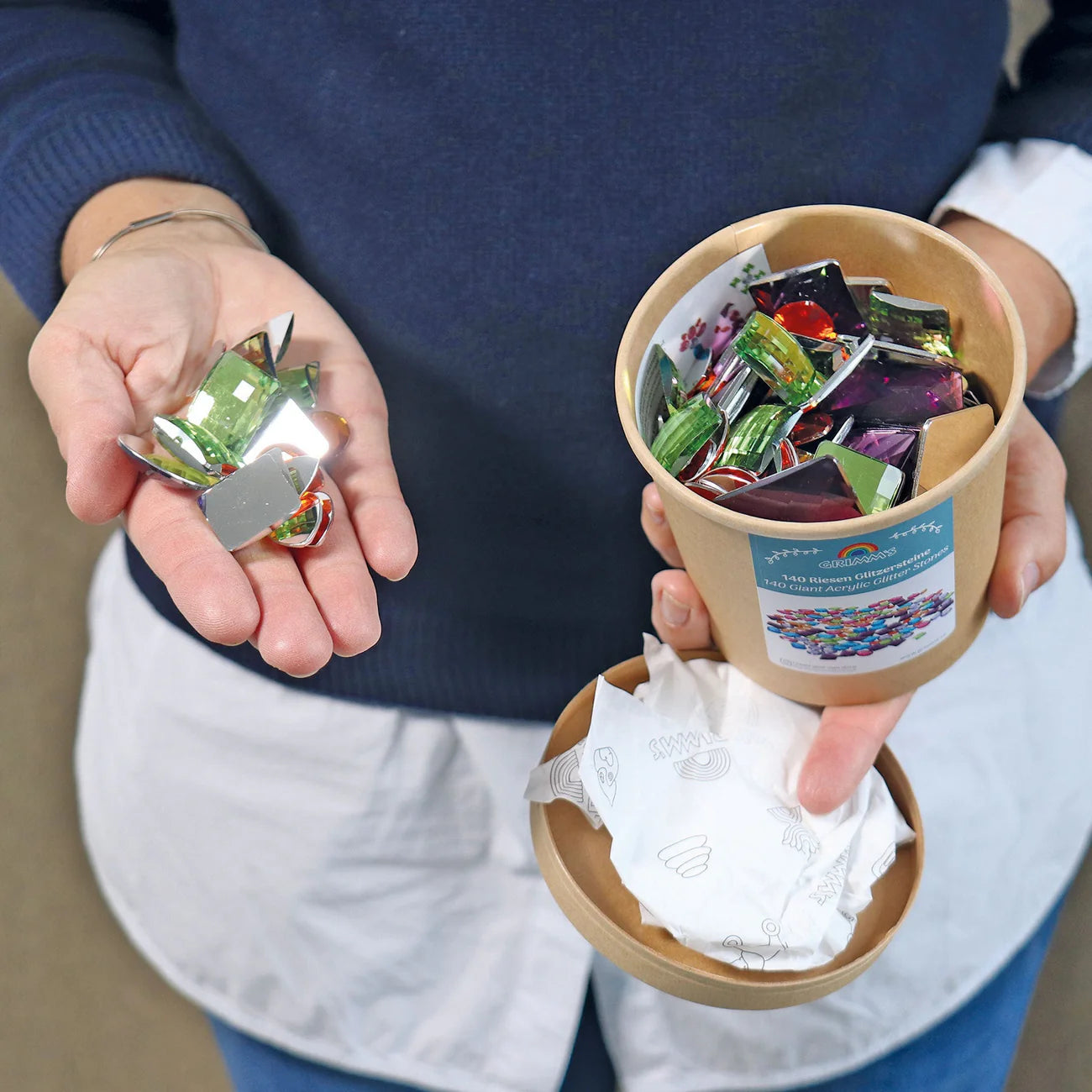 Set of 140 Grimms giant acrylic glitter stones in assorted shapes and colours with mirror-backed sparkle, loose parts for creative play