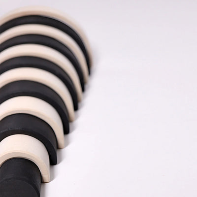 Grimms Large Monochrome Rainbow – 12-piece wooden stacking toy in black, white, and gray tones, handcrafted from linden wood