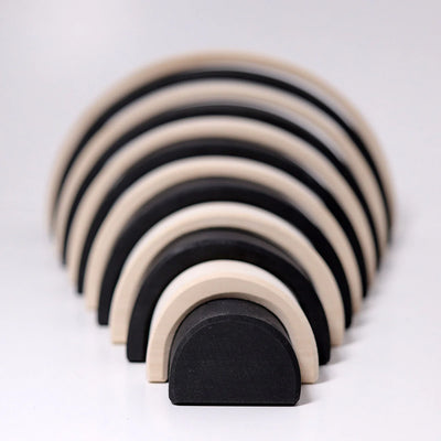 Grimms Large Monochrome Rainbow – 12-piece wooden stacking toy in black, white, and gray tones, handcrafted from linden wood