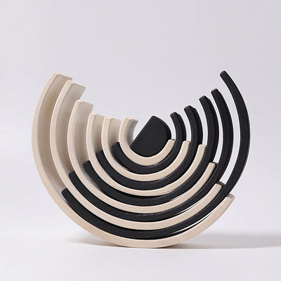 Grimms Large Monochrome Rainbow – 12-piece wooden stacking toy in black, white, and gray tones, handcrafted from linden wood